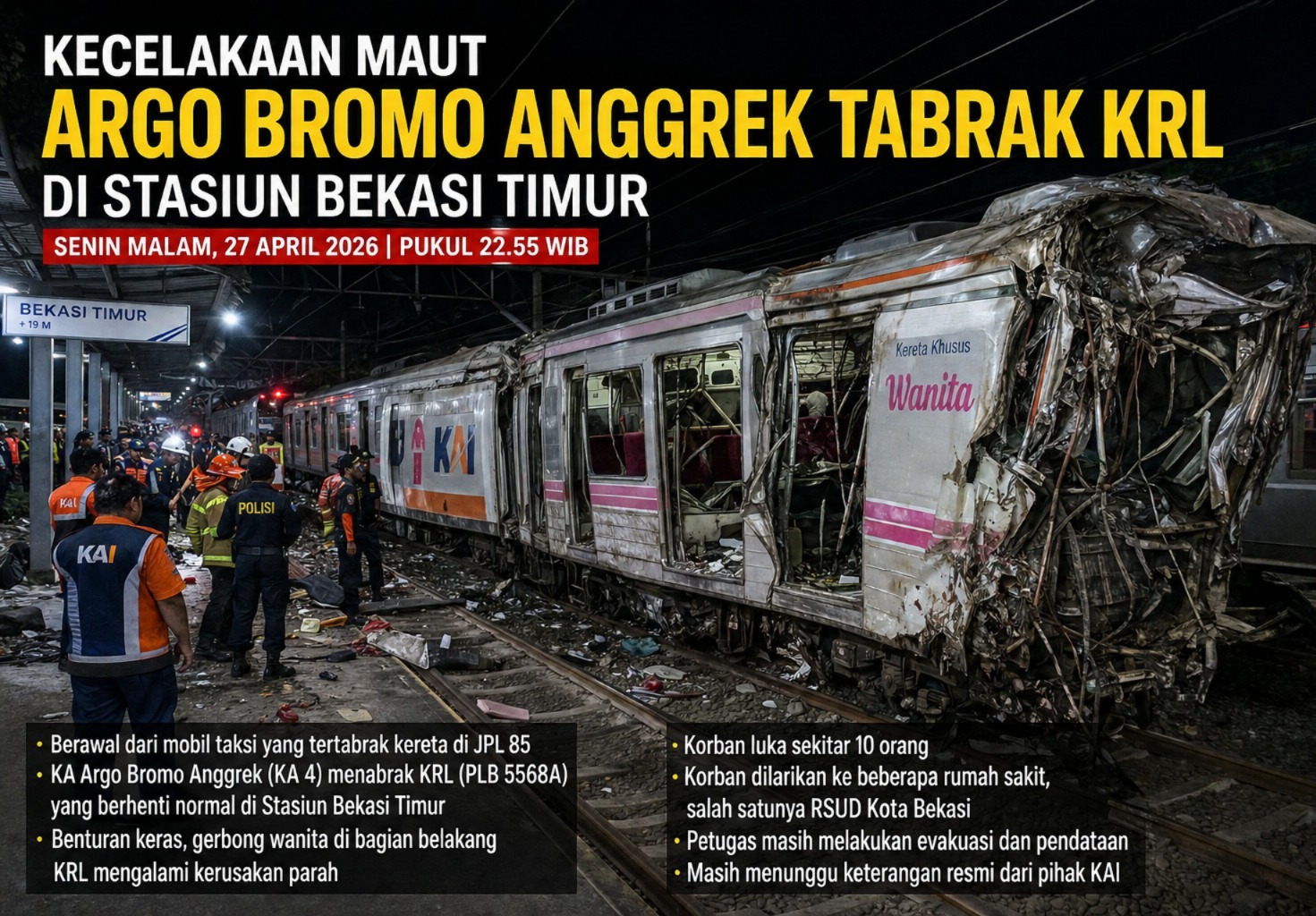 Tercatat Sementara 2 Korban Meninggal, Argo Bromo Anggrek Tabrak KRL di Bekasi Timur
