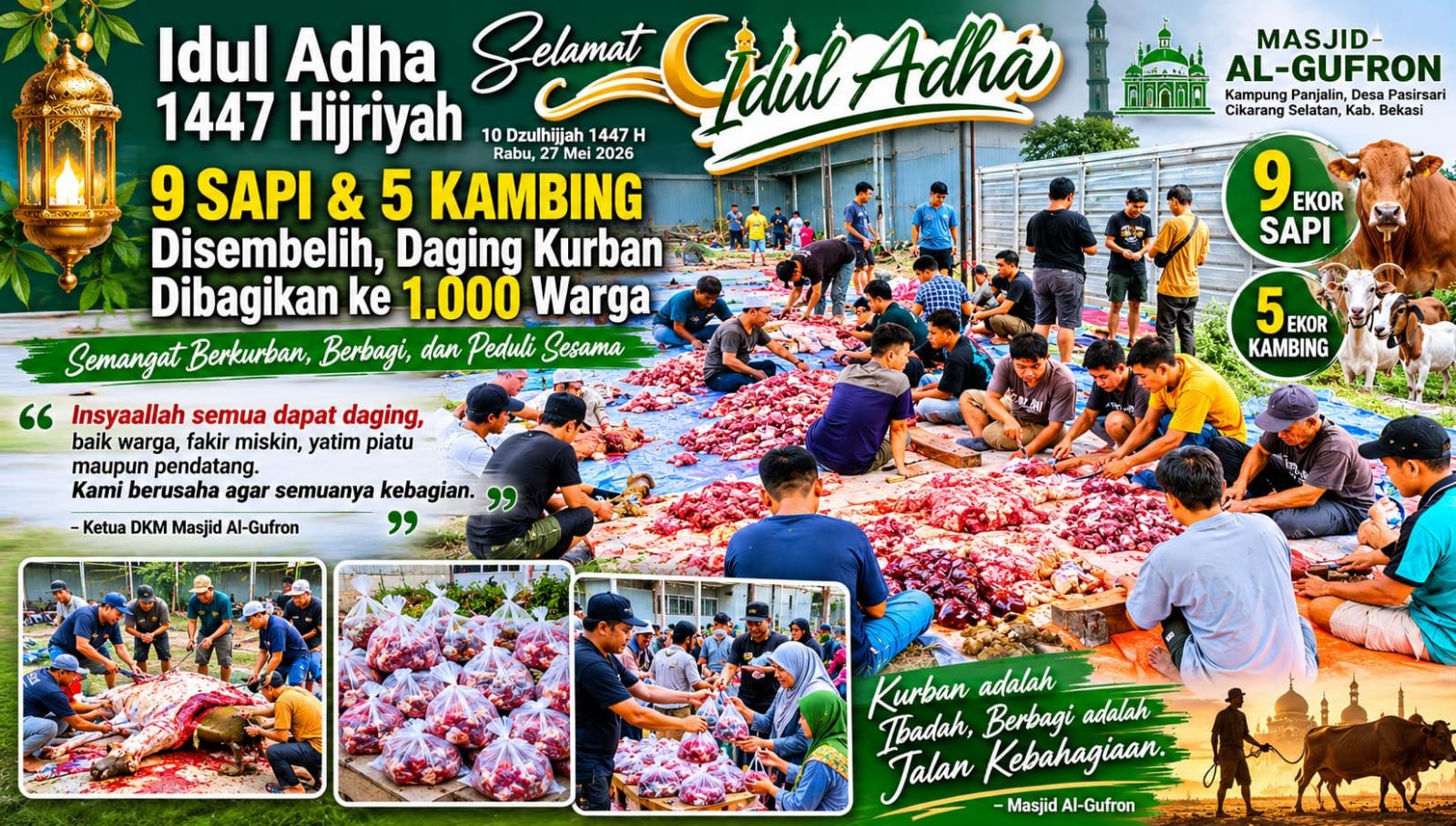 Semangat Berkurban dan Berbagi, Masjid Al-Gufron Sembelih 9 Sapi dan 5 Kambing di Iduladha 1447 H