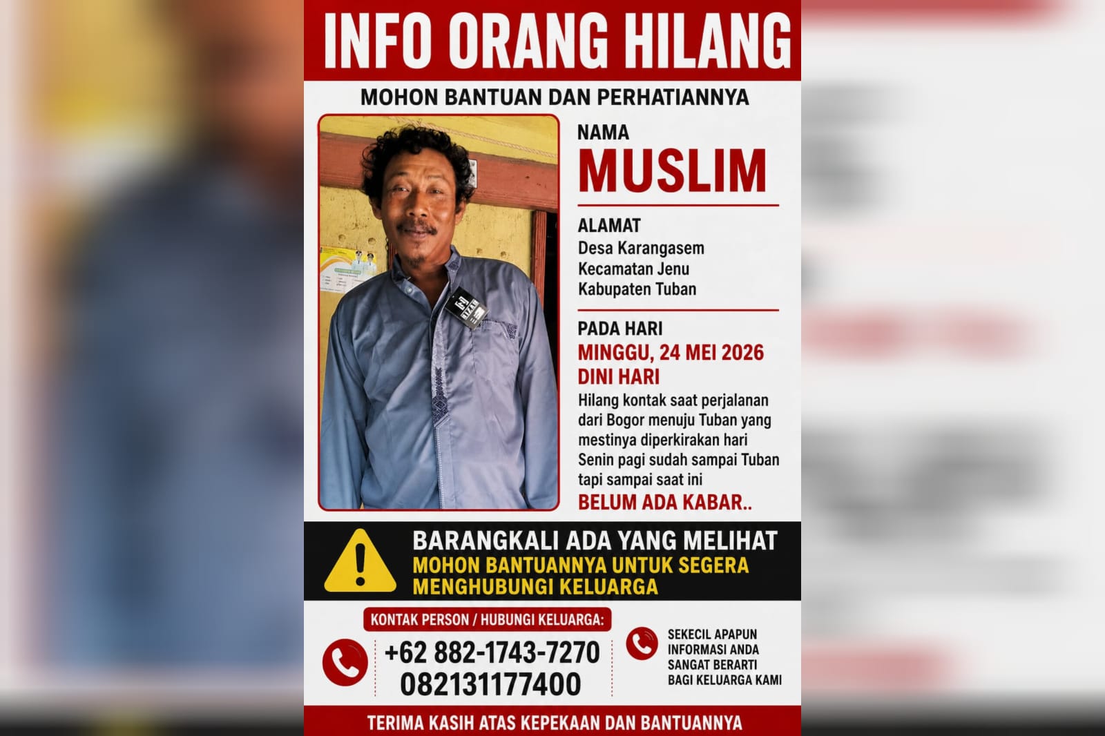 WARGA TUBAN LAPORKAN AYAHNYA HILANG SEJAK BULAN LALU, TERAKHIR DIKETAHUI BERANGKAT MENUJU JAKARTA