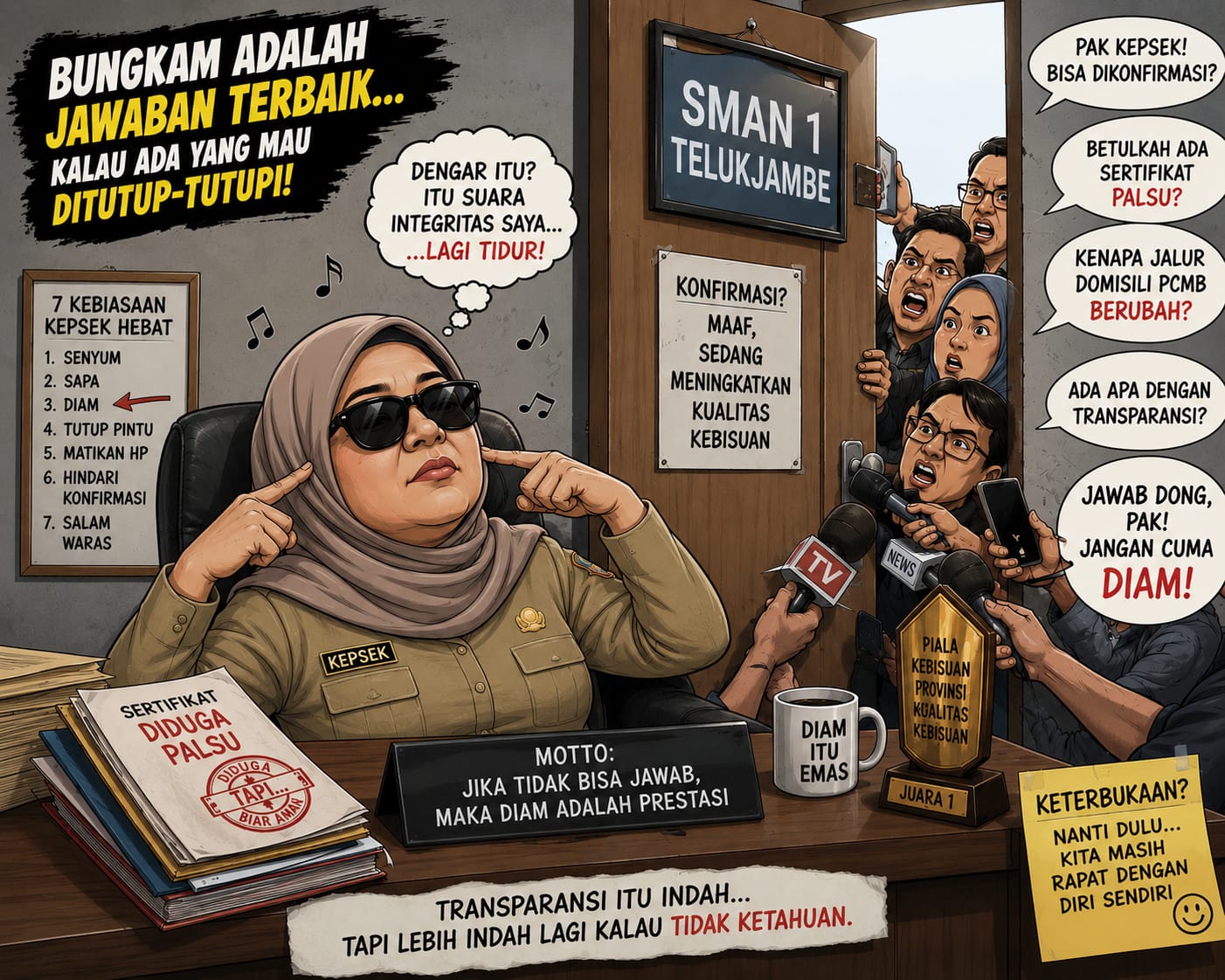 KEPSEK SMAN 1 TELUKJAMBE BUNGKAM SAAT DIKONFIRMASI DUGAAN SERTIFIKAT PALSU DAN REKAYASA ZONASI, ADE GENTONG: “KETERBUKAAN INFORMASI PUBLIK JANGAN HANYA JADI KAMUFLASE”